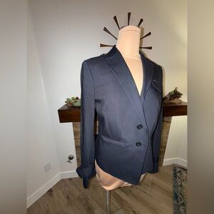 Ann Taylor Navy Blazer With Sleeve Buckle Details.